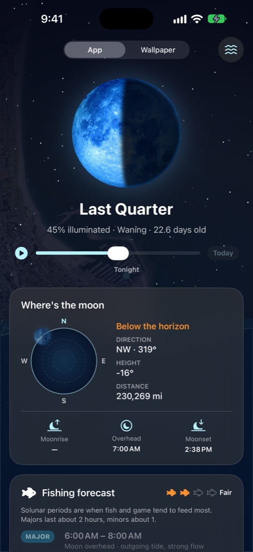 Lunatide moon side showing tonight's last-quarter moon over a starry sky