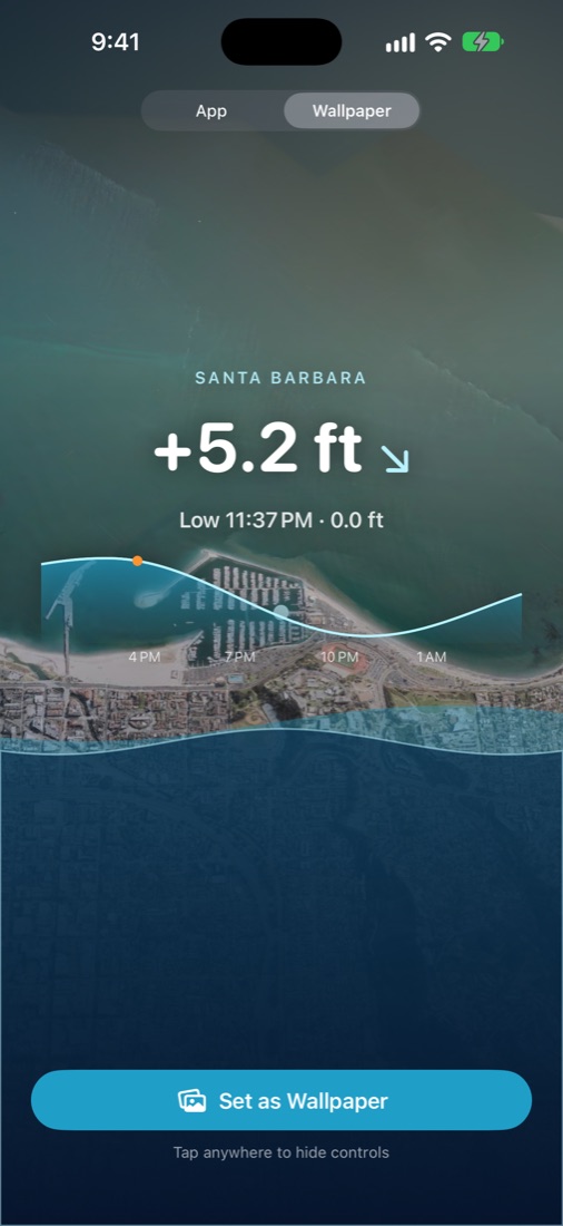 Wallpaper mode showing the tide over the satellite coastline